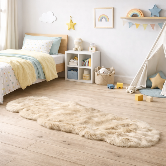 Children's bedroom with a fluffy rug on wooden flooring, bed, and shelves.