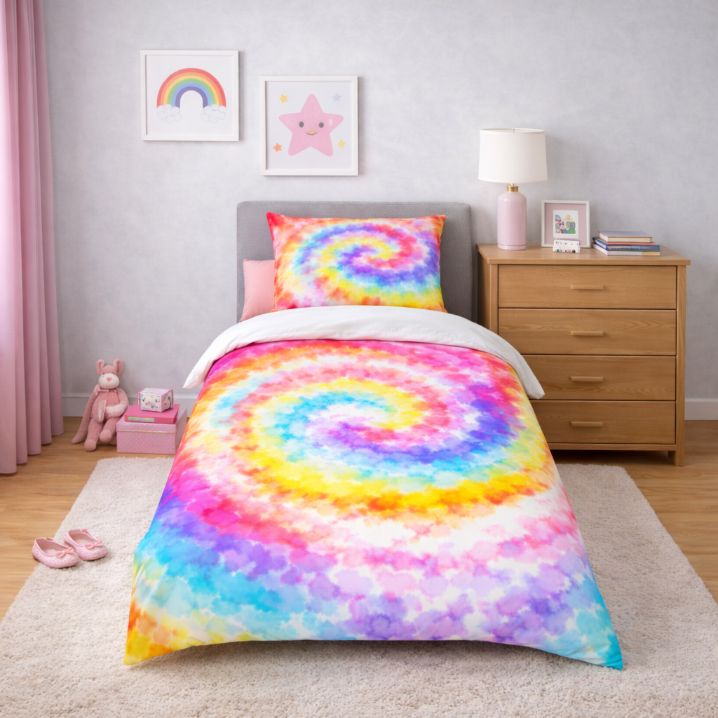Bedroom with tie-dye bedding, nightstand, and wall decorations.