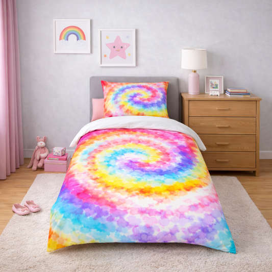 Bedroom with tie-dye bedding, nightstand, and wall decorations.
