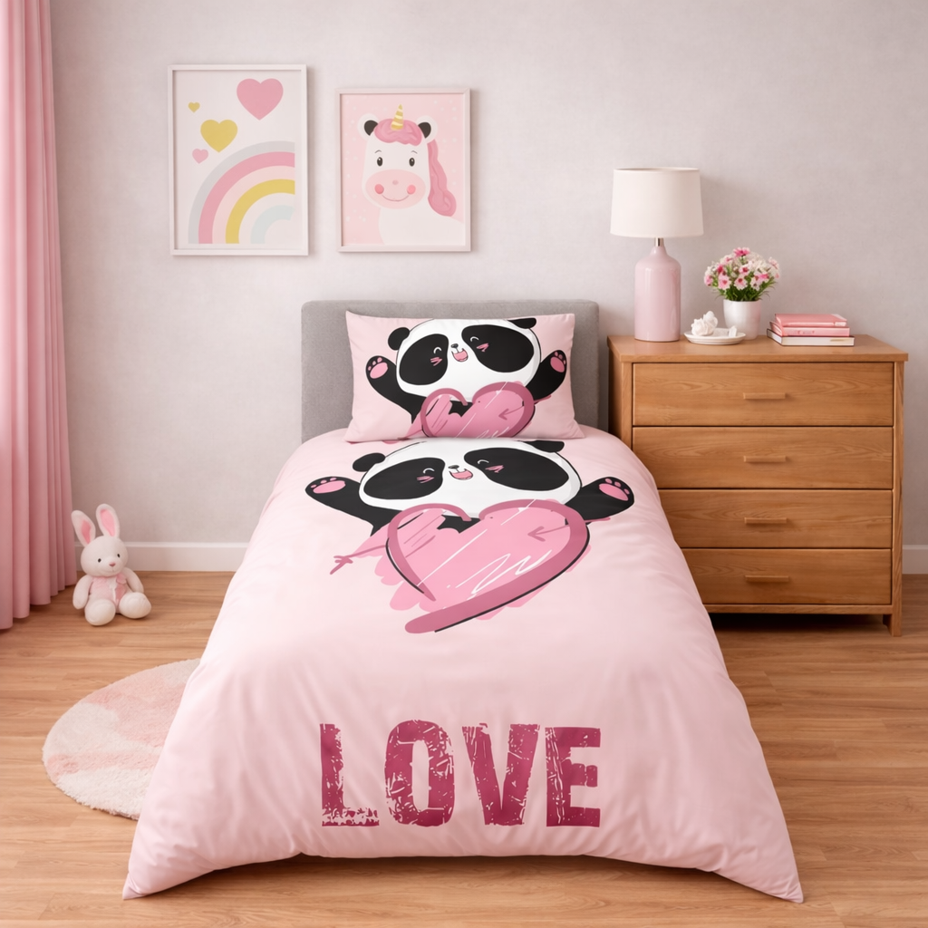 Bedding set with panda design and 'LOVE' text in a bedroom setting.