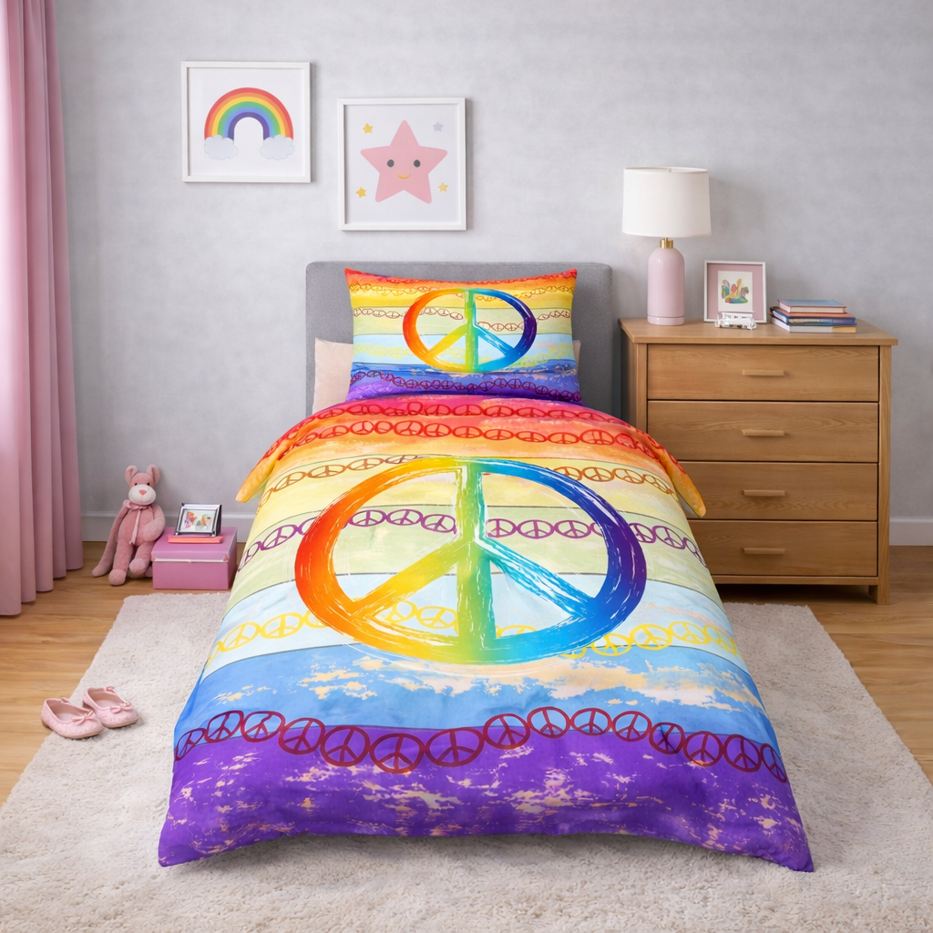 Bedroom with colorful peace symbol bedding and rainbow-themed decor