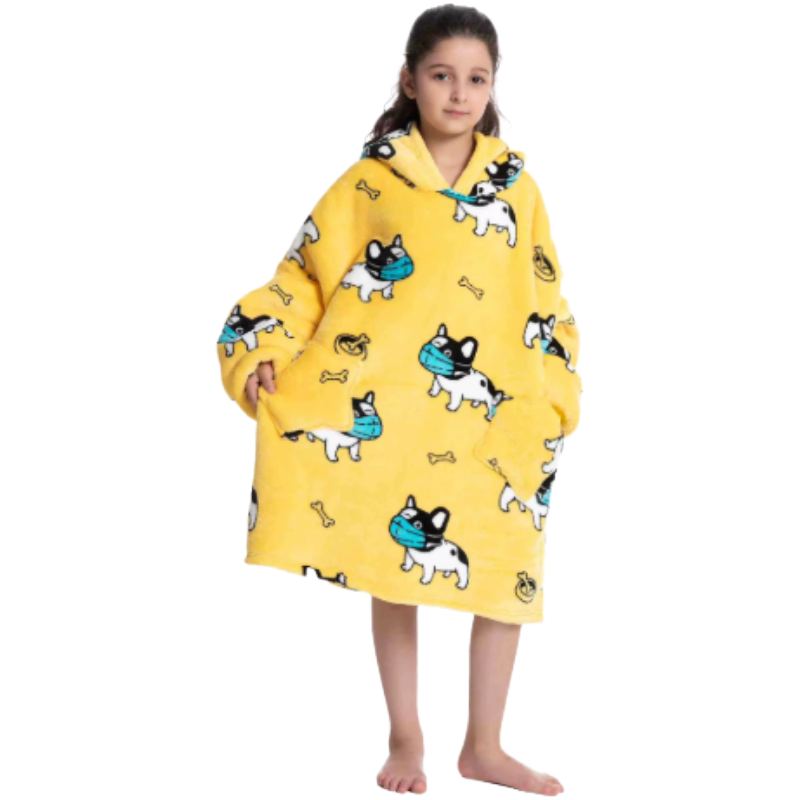 Child wearing a yellow masked dog oversized lounge hoodie on a white background.