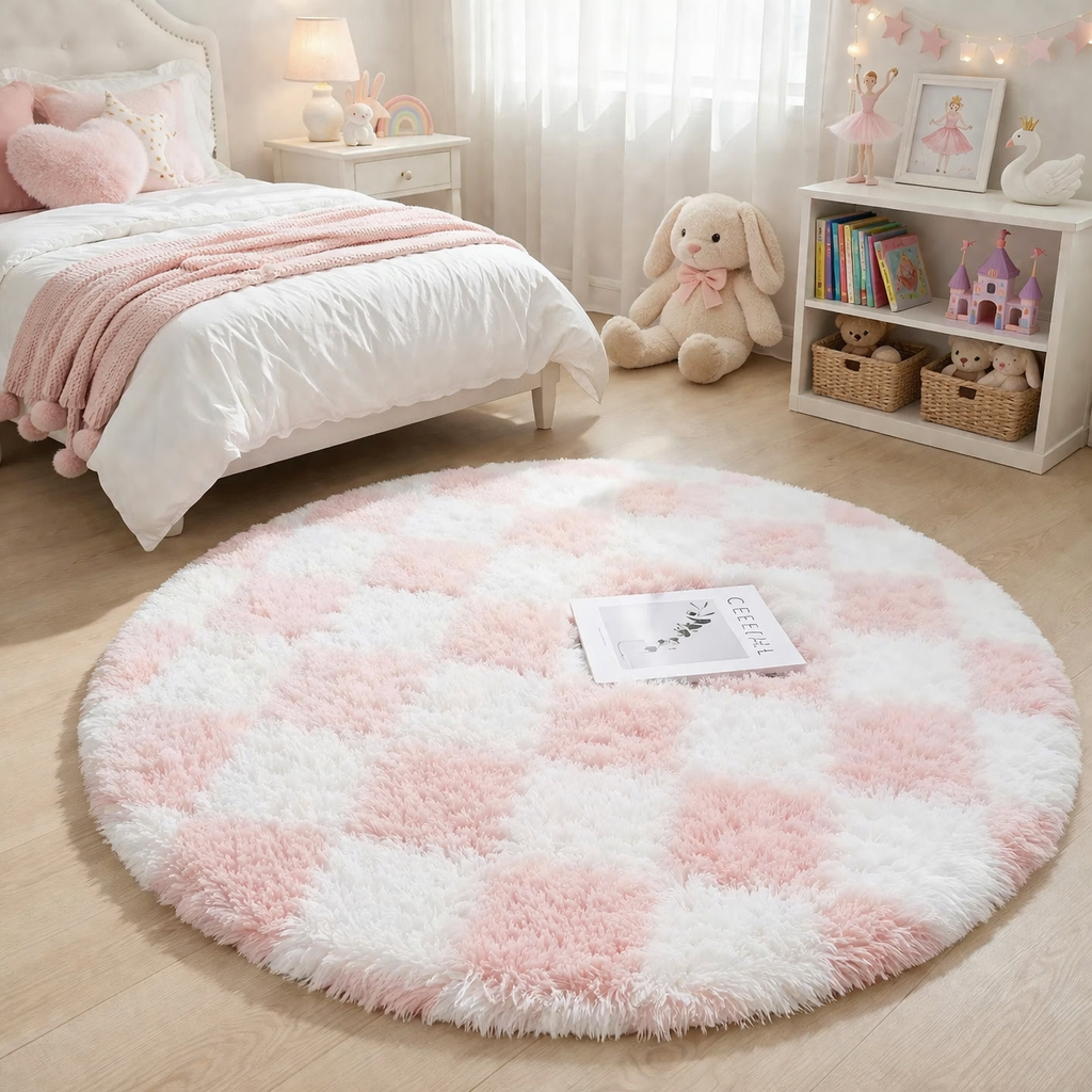 Round pink and white checkered rug in a child's bedroom with toys and books.