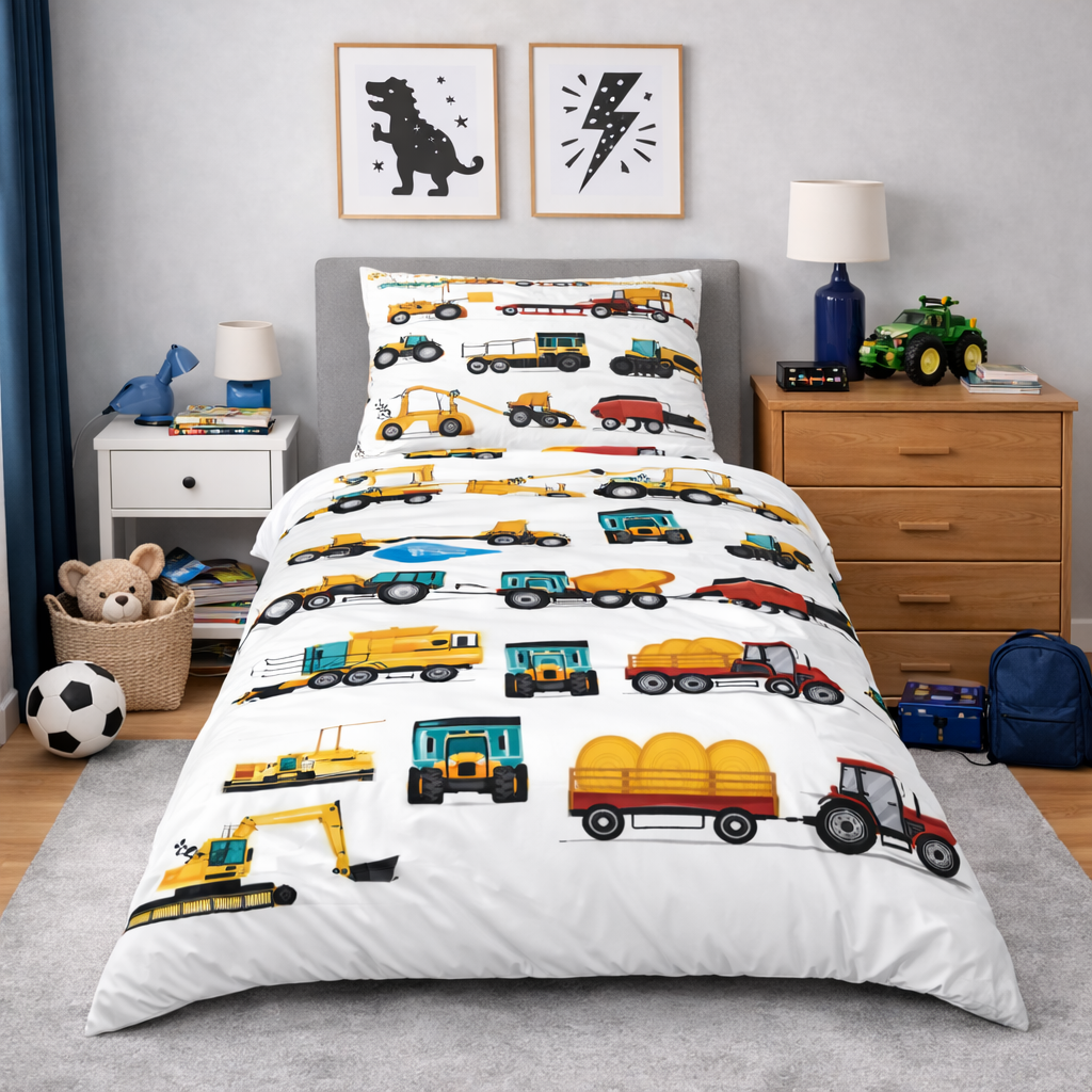 Children's bedroom with a bed featuring a truck-themed bedding set.