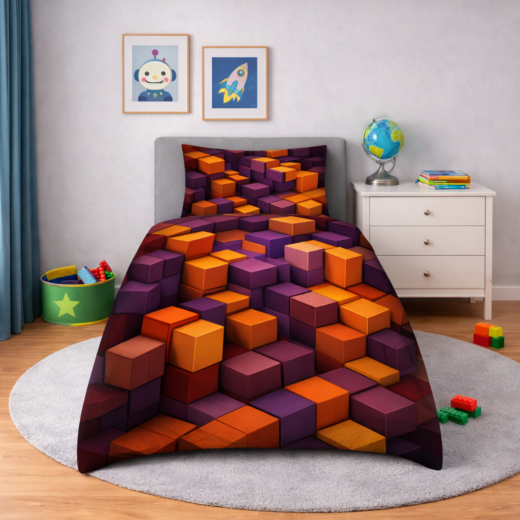 Colourful cube geometric bedding set in a bedroom setting