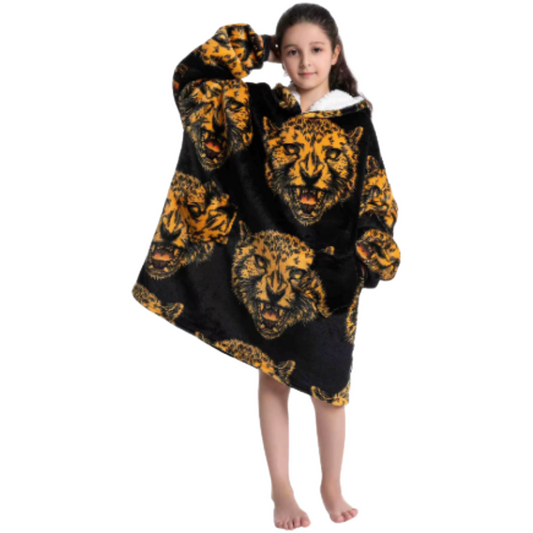 Child wearing a black and yellow leopard patterned hoodie on a white background