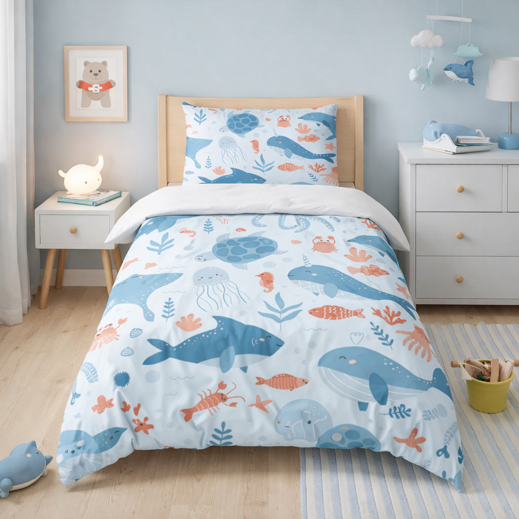 Children's bedroom with a bed featuring an ocean-themed bedding set, nightstand, and dresser.