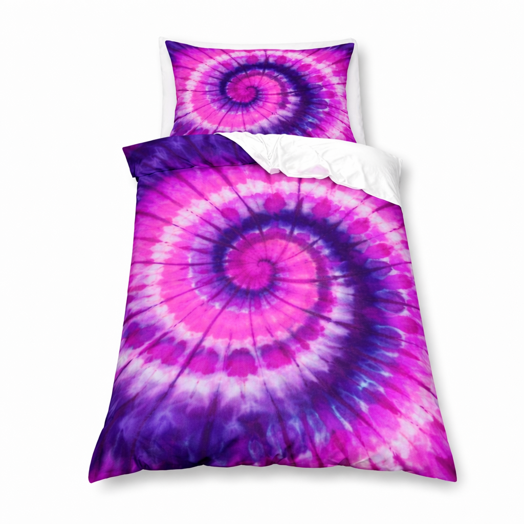 Tie-dye spiral patterned bedding set on a white background