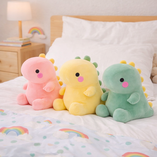 Three colorful dinosaur plush toys on a bed with rainbow patterns.