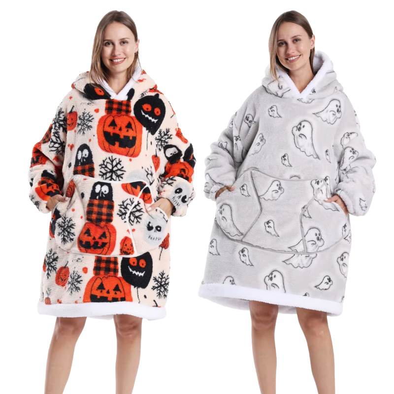 Halloween themed fleece wearable blanket hoodie in two designs with hooded oversized fit and front pocket