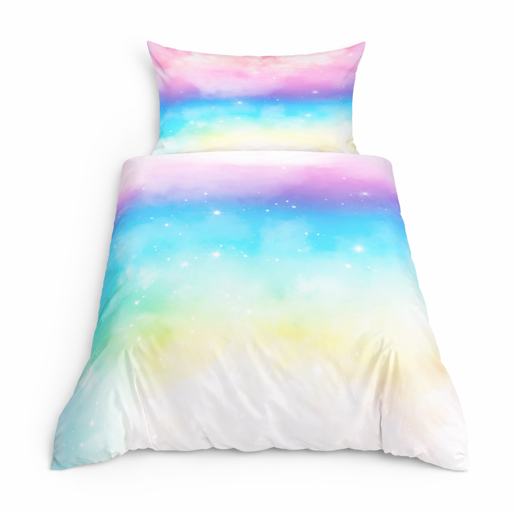 Pink, blue, and white coloured gradient duvet set with a starry design on a white background