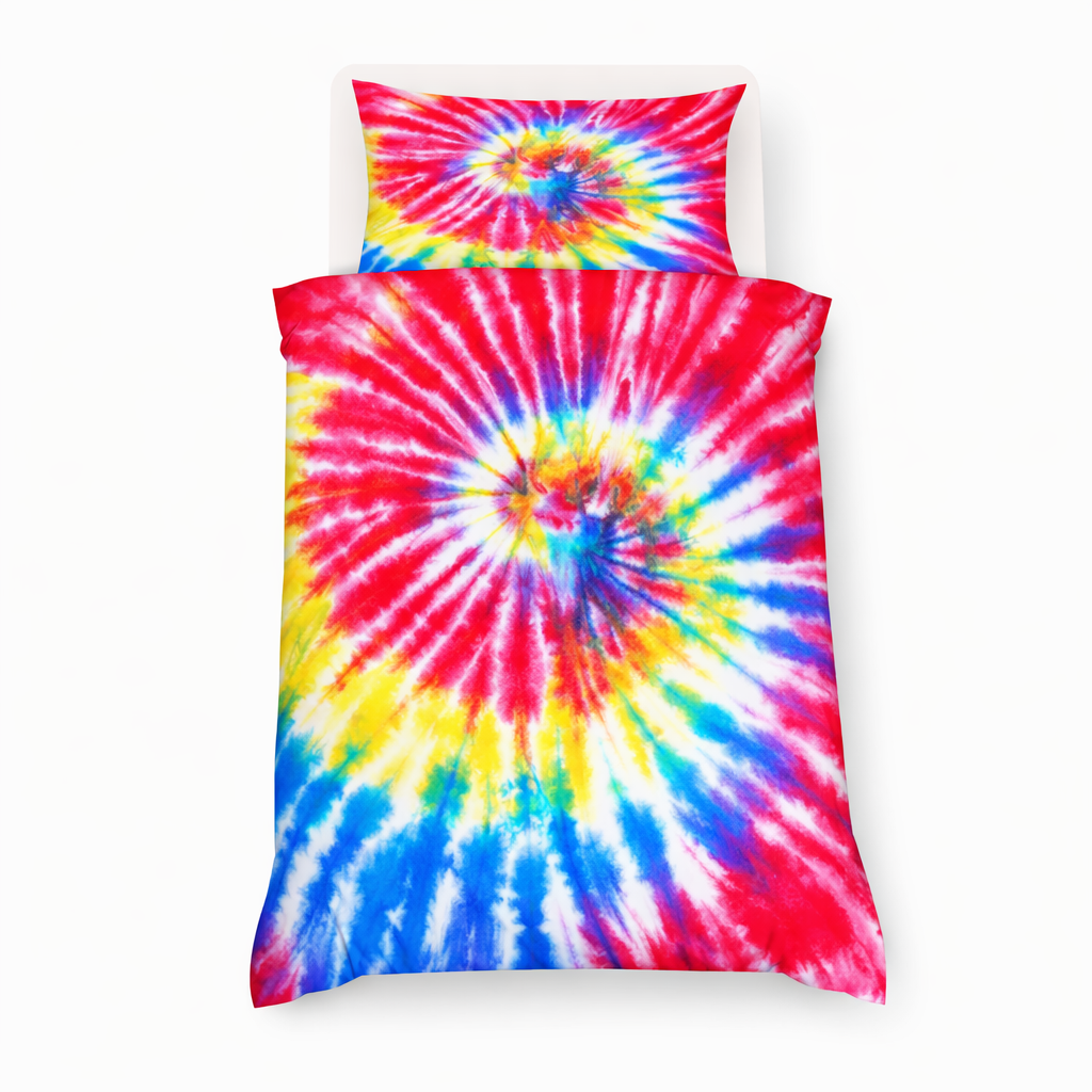 Tie-dye bedspread with a colorful spiral pattern on a white background