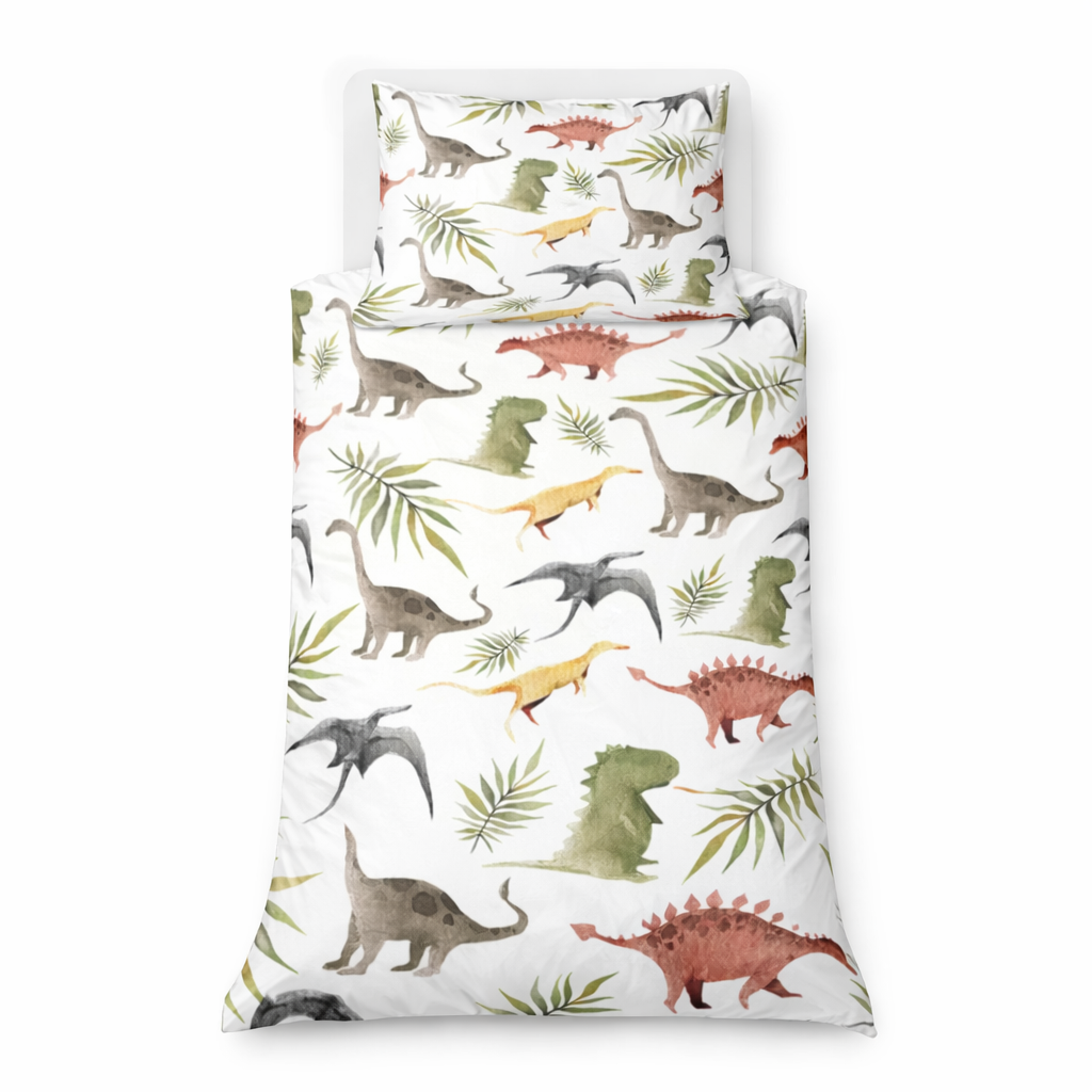 Dino themed bedding set on a white background