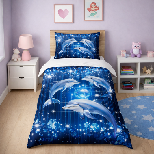 Bedding set with dolphin design in a bedroom setting