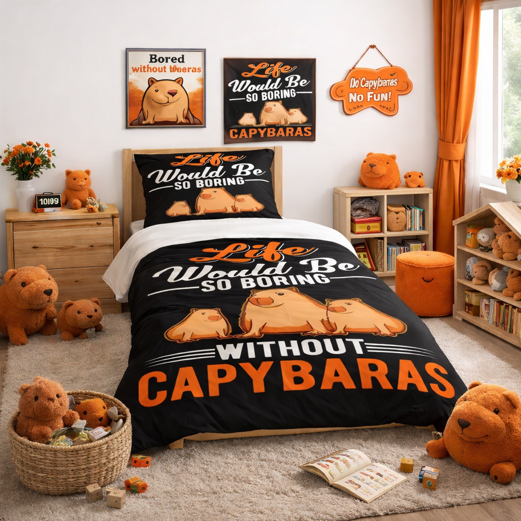 Bedroom with capybara-themed bedding and decor