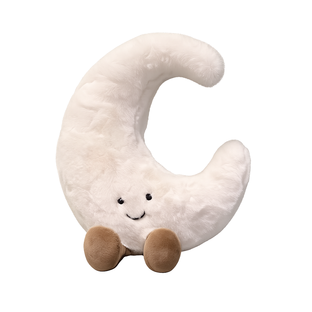 Moon plush toy with a smiling face and legs.
