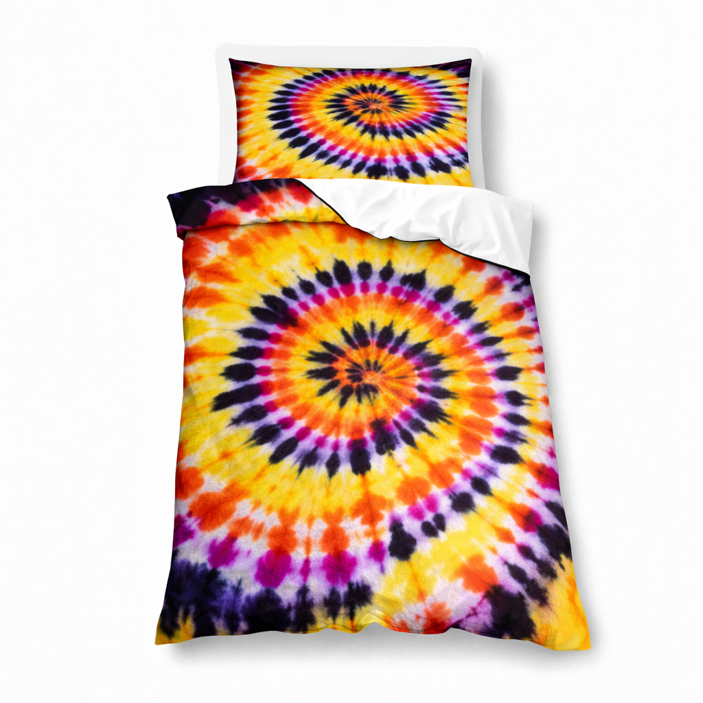 Tie-dye duvet cover set with spiral pattern on a white background