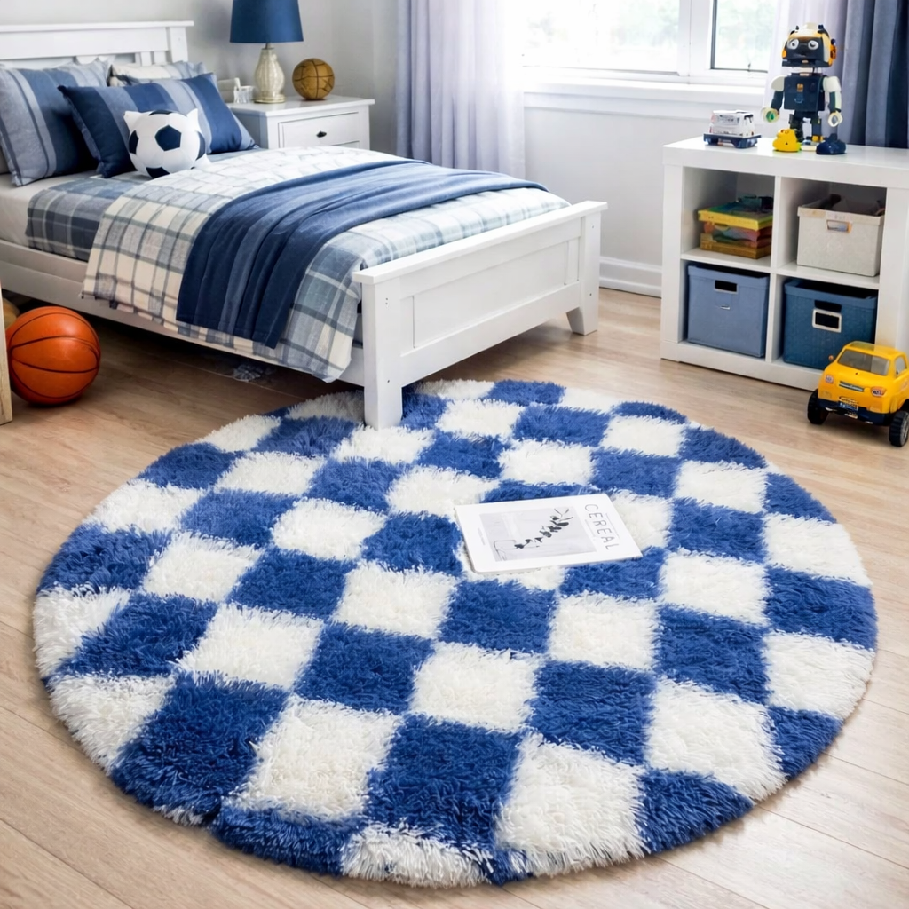 Round blue and white checkered rug in a bedroom with a bed and toys.