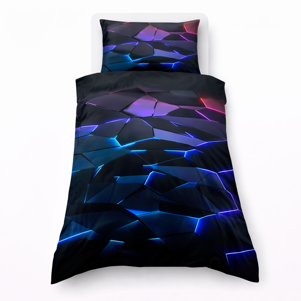 Blue neon geo design bedding set on a white background
