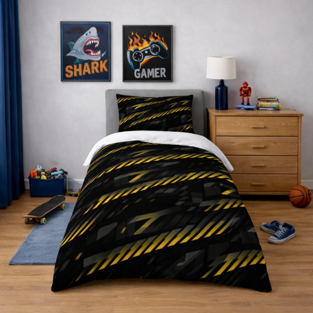 Bedroom with black and yellow striped bedding, wooden dresser, and posters on the wall.