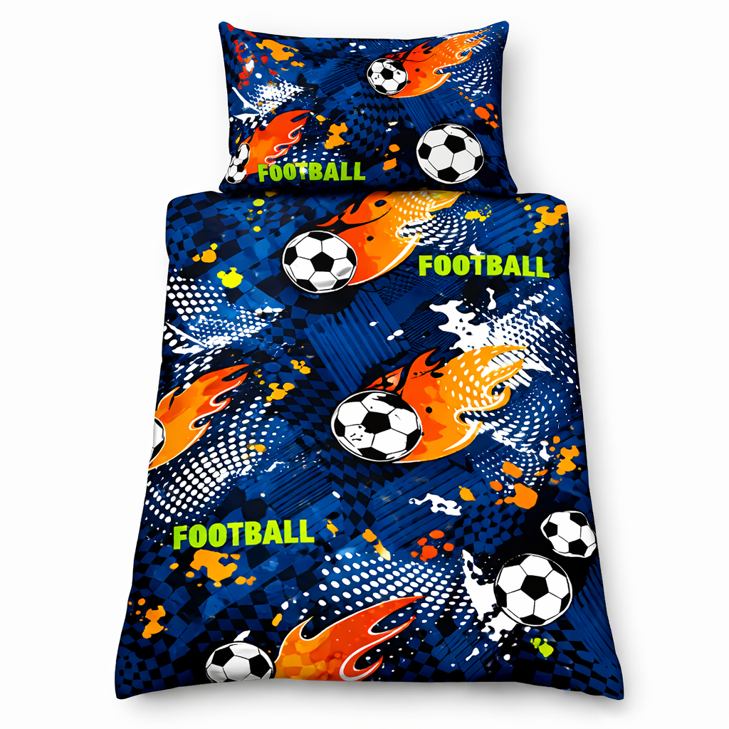 Children's football-themed bedding set with soccer balls and flames on a blue background