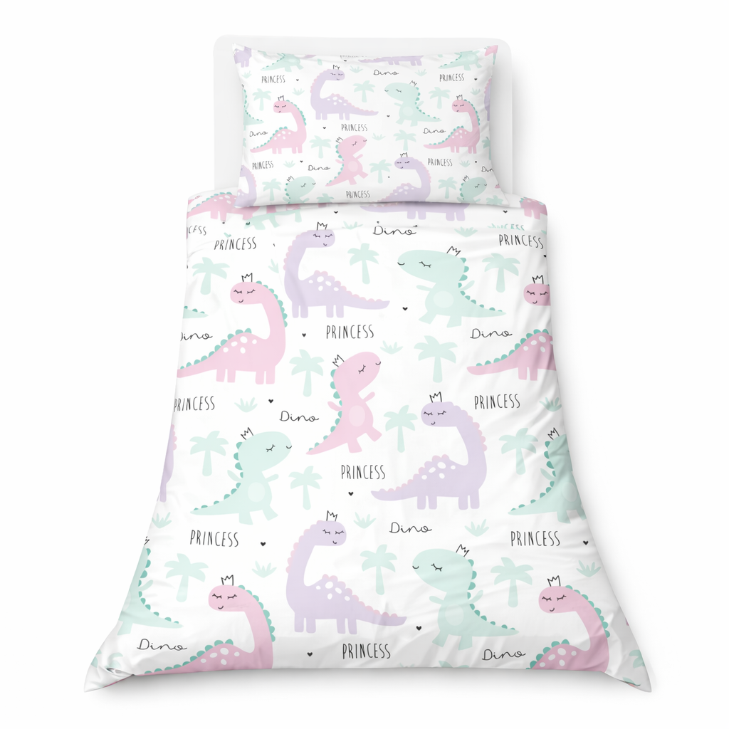 Children's bedding set with dinosaur pattern on a white background