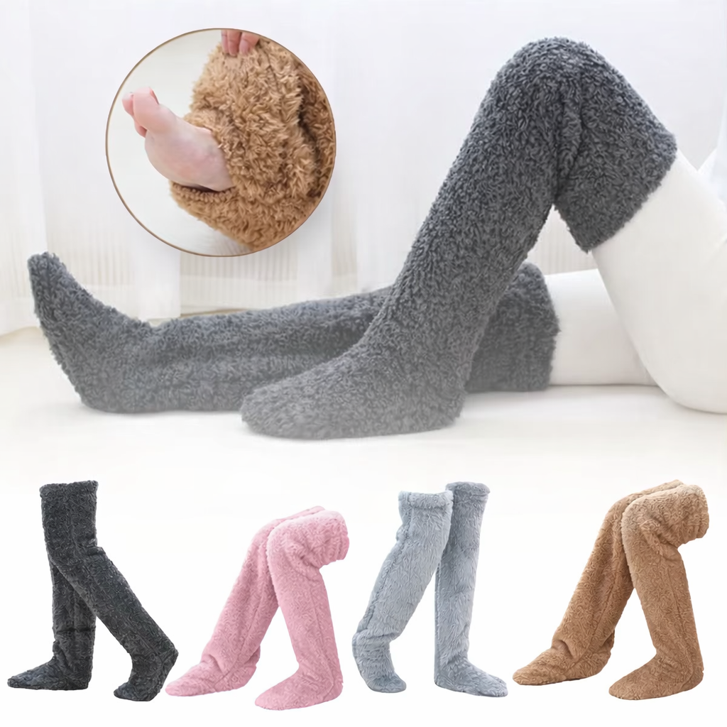 Collection of fluffy over-the-knee leg warmers shown in multiple colours