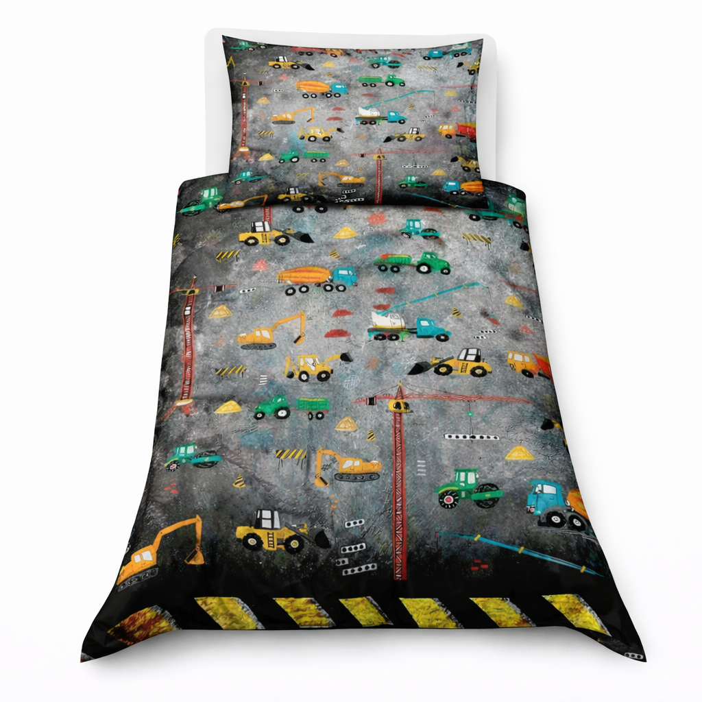 Children's bedding set with construction vehicle pattern on a grey background
