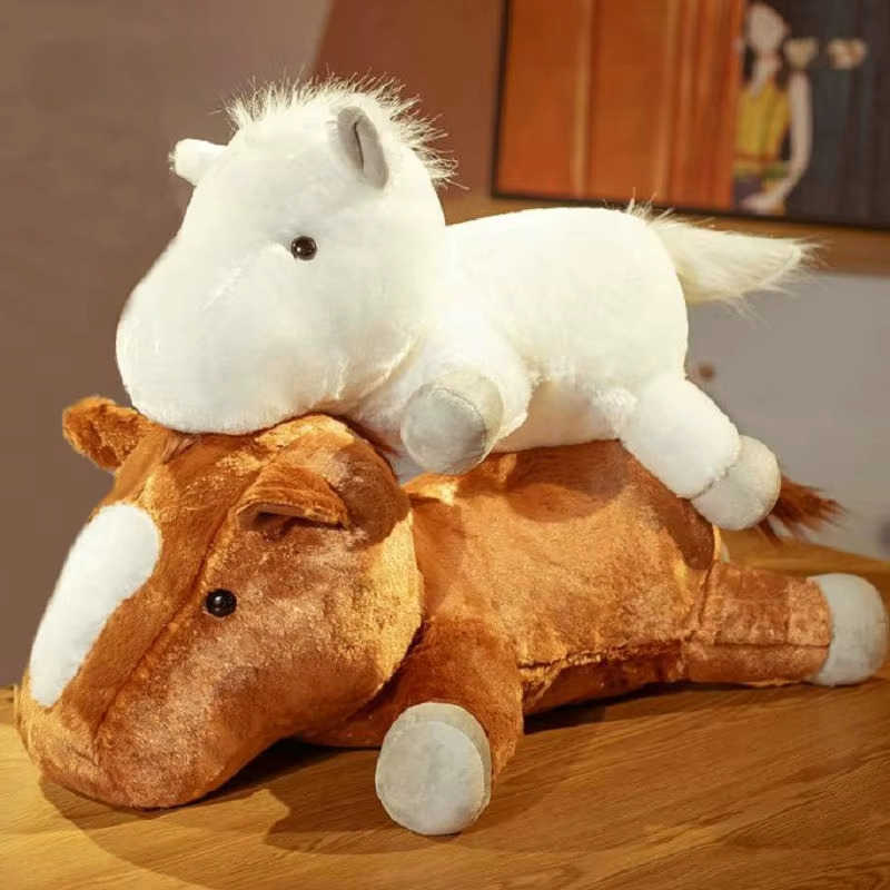 Big head plush horse toy in brown and white colour options with soft body and gentle character design