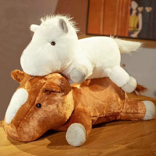 Big head plush horse toy in brown and white colour options with soft body and gentle character design