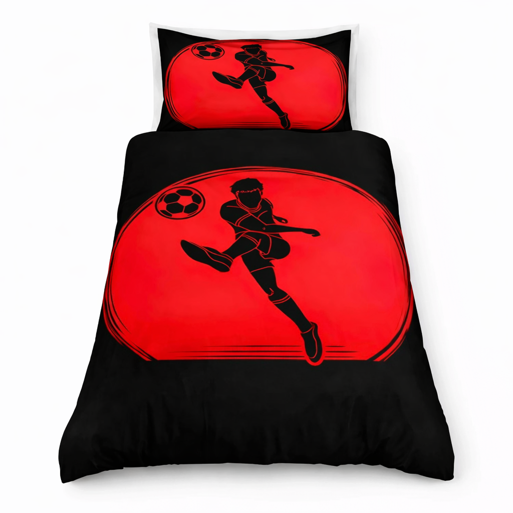 Black and red bedding set with sports-themed design on a white background