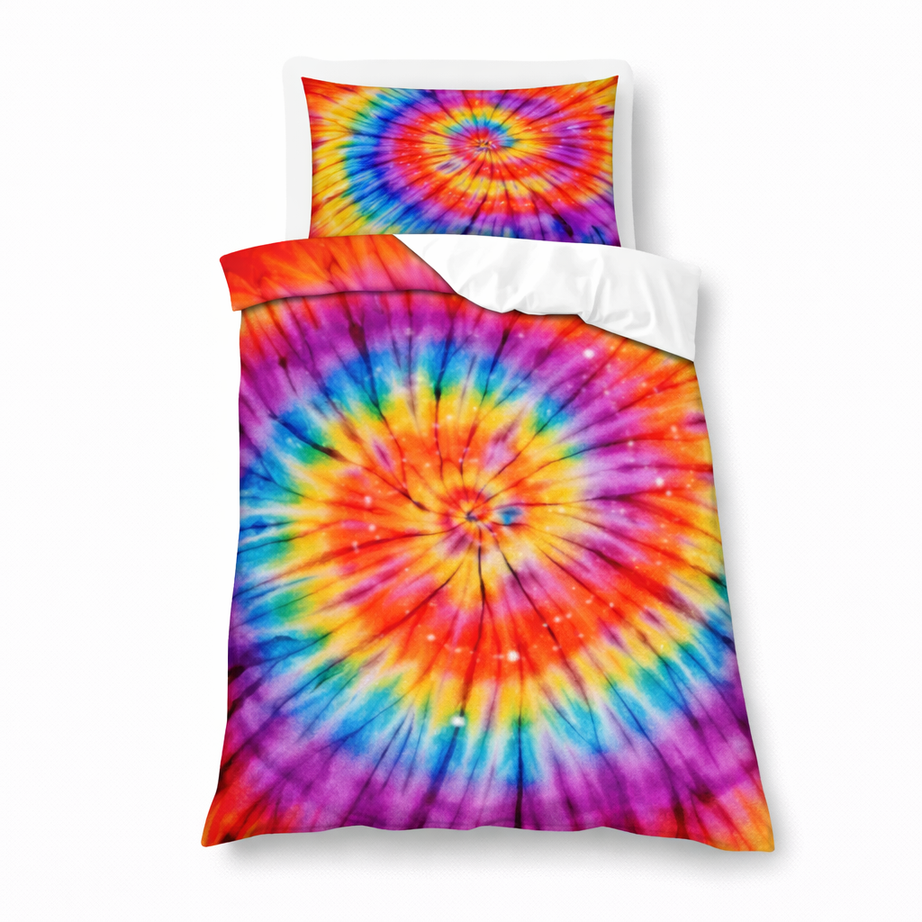 Tie-dye bedspread and pillowcase set on a white background