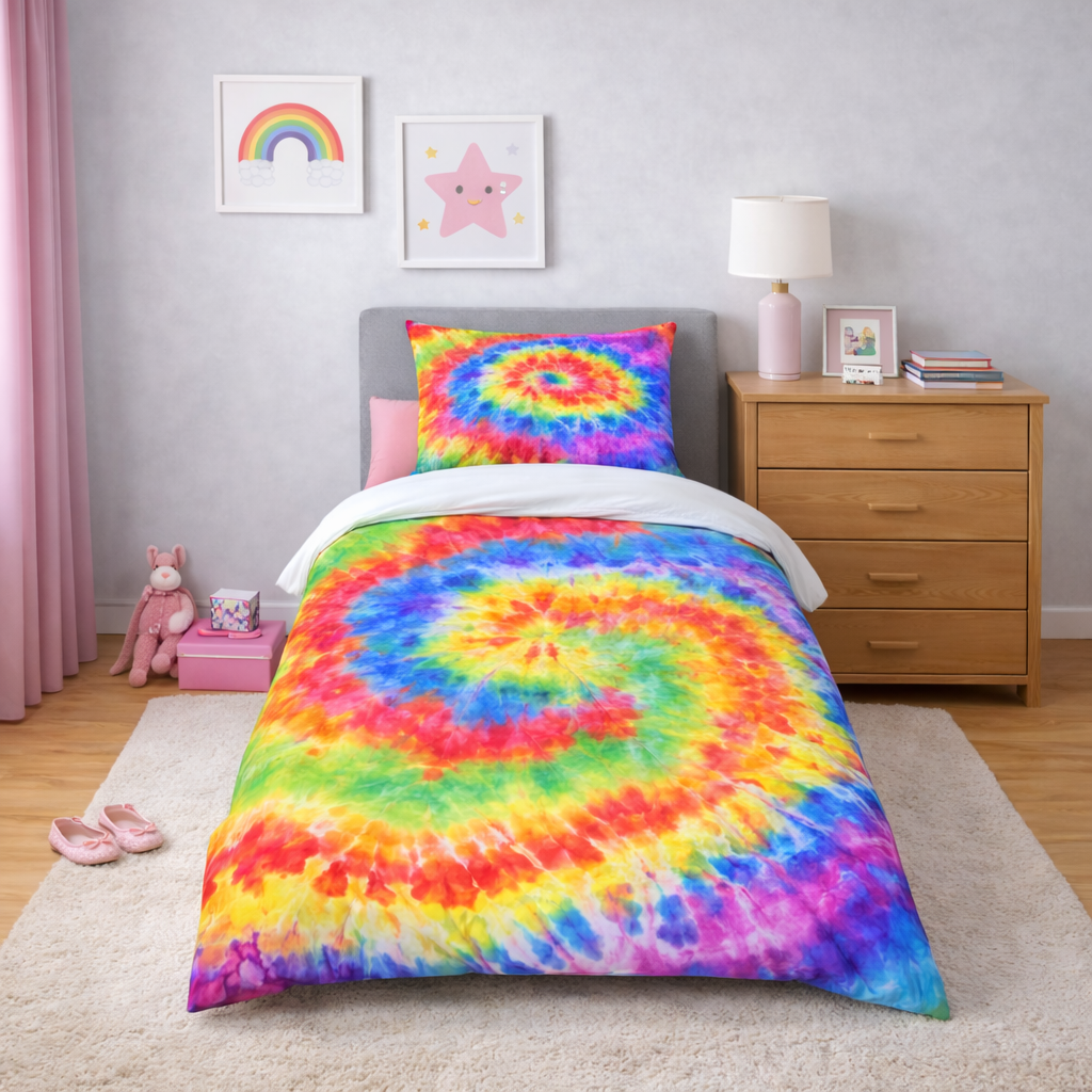 Tie-dye bedding set in a bedroom with a nightstand and decor items.