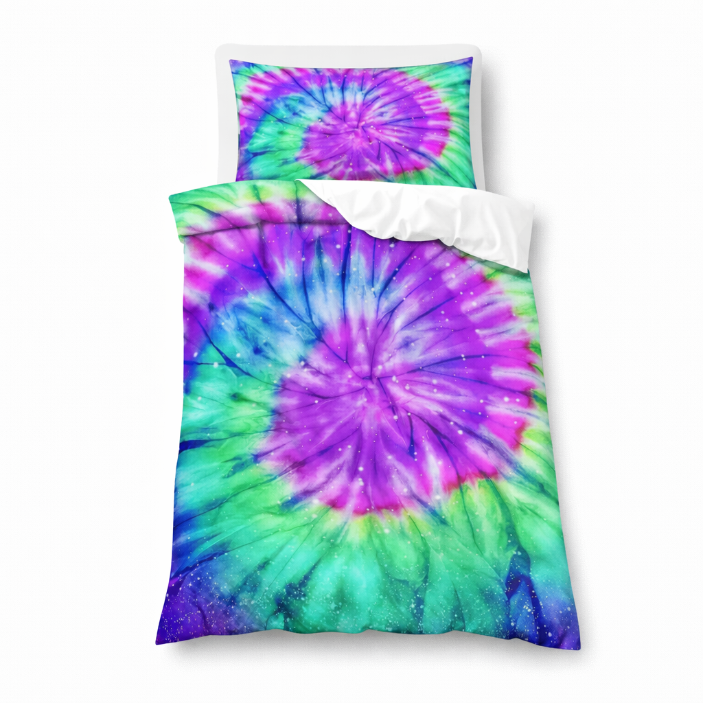 Tie-dye bedspread with purple and green patterns on a white background