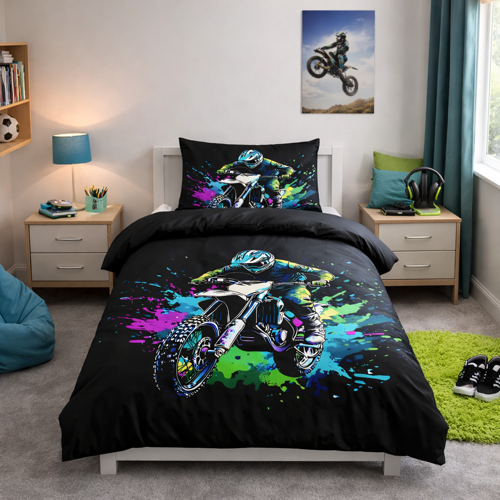 Black motocross rider duvet set with vibrant neon paint splash design displayed on a single bed with matching pillowcase