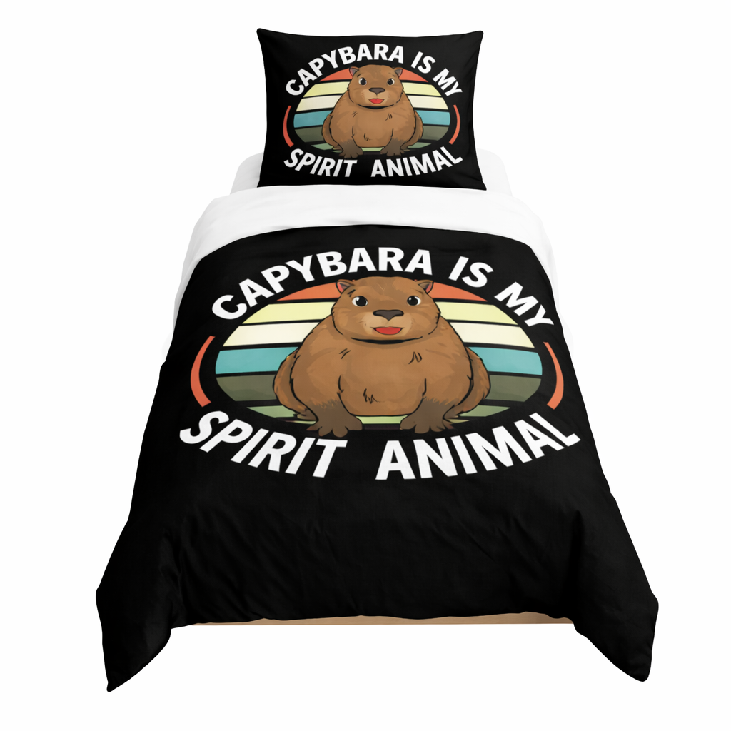 Capybara-themed bedding set with 'Capybara is my spirit animal' text on a black background.