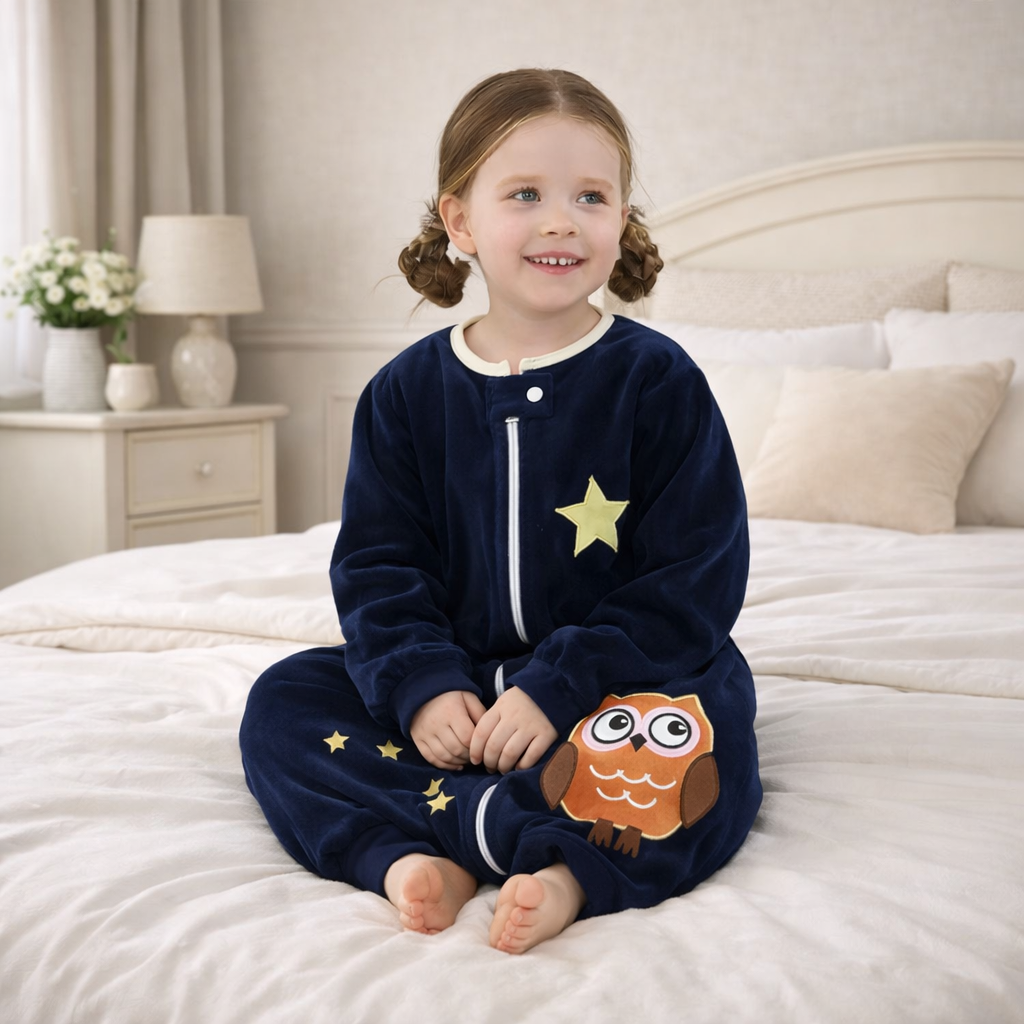 Navy owl fleece zip up children’s onesie with long sleeves and cute night-time cartoon design