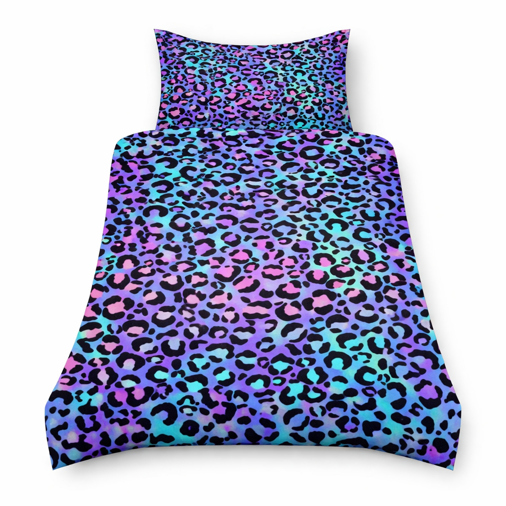 Colourful leopard print bedding set on a white background