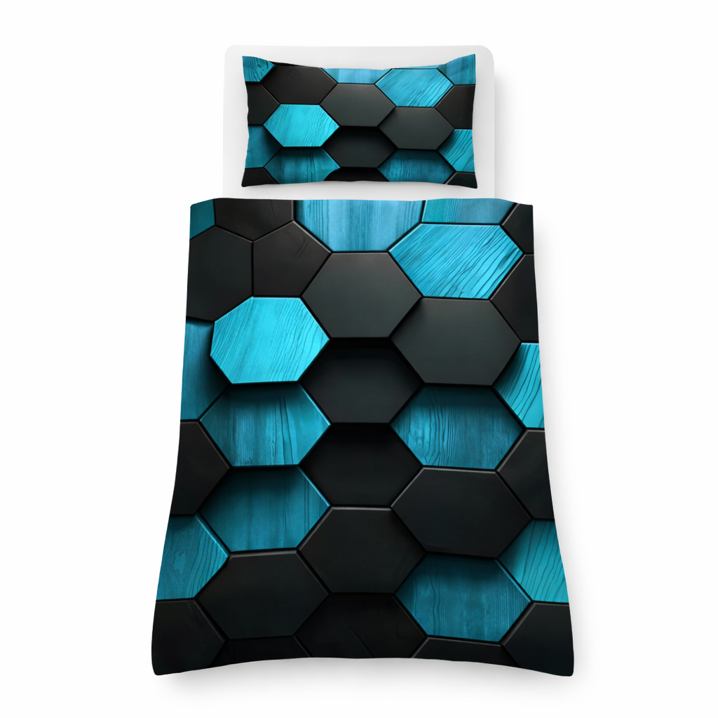 Bedroom with hexagonal patterned bedding in blue and black on a white background