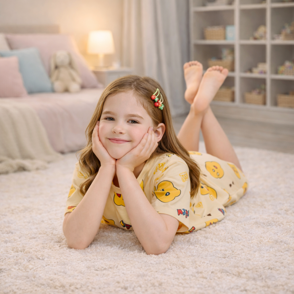 Young girl in a yellow pyjama with duck design lying on a carpeted floor in a cosy room.