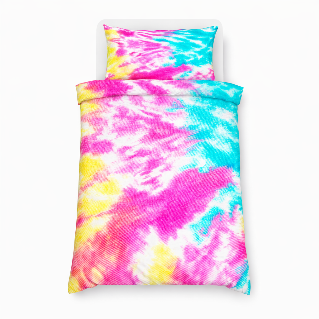 Tie-dye bedding set with pink, blue, and yellow pattern on a white background