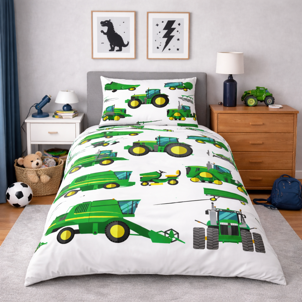 Children's bedroom with green tractor patterned bedding on a bed.
