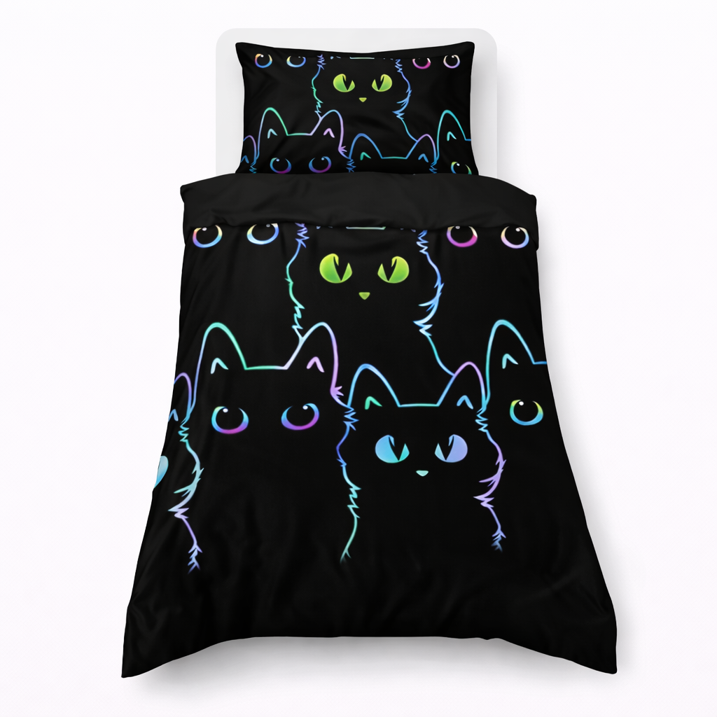 Kids neon cat duvet cover set with colourful glowing cat faces on black background