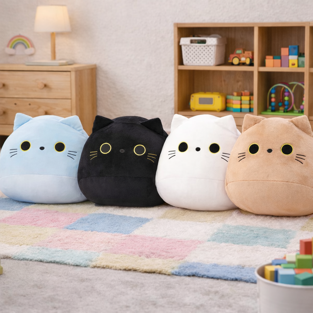 Four colourful soft plush cat toys in a playroom setting.