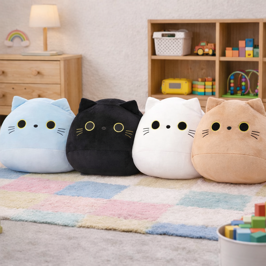 Four colourful soft plush cat toys in a playroom setting.