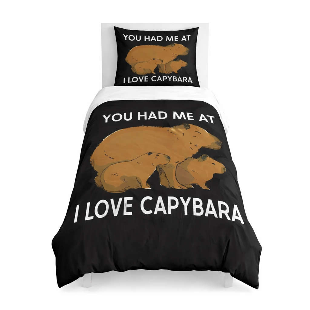 Capybara-themed bedding set with matching pillowcase on a white background
