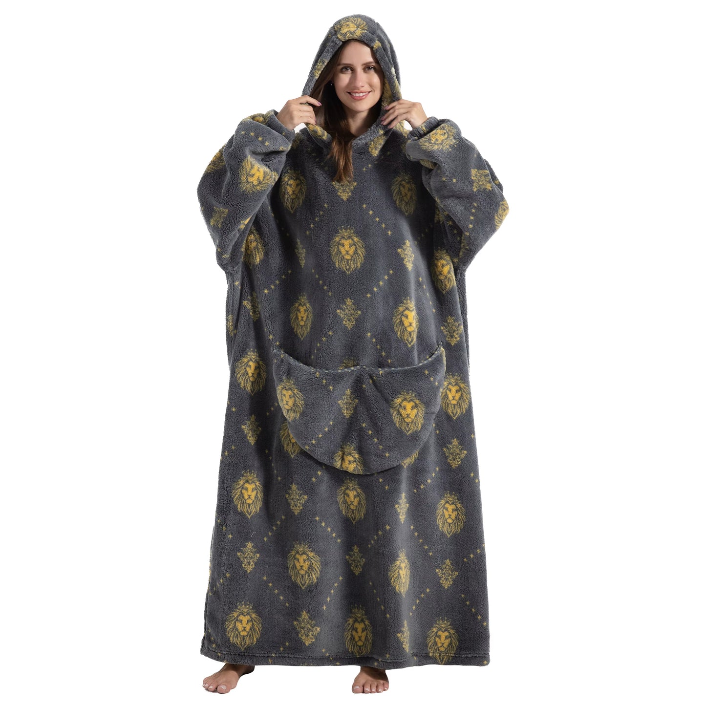Person wearing a dark grey hoodie with gold lion designs on a white background