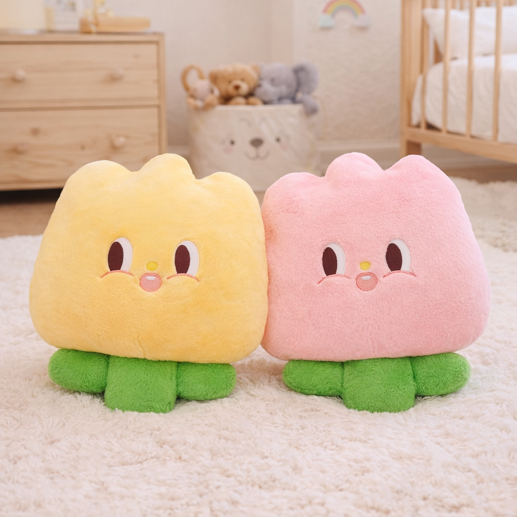 Pastel pink and yellow plush toys in a nursery setting.