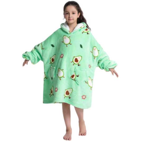 Child wearing green oversized wearable hoodies with playful exploding avocado print and soft sherpa lining