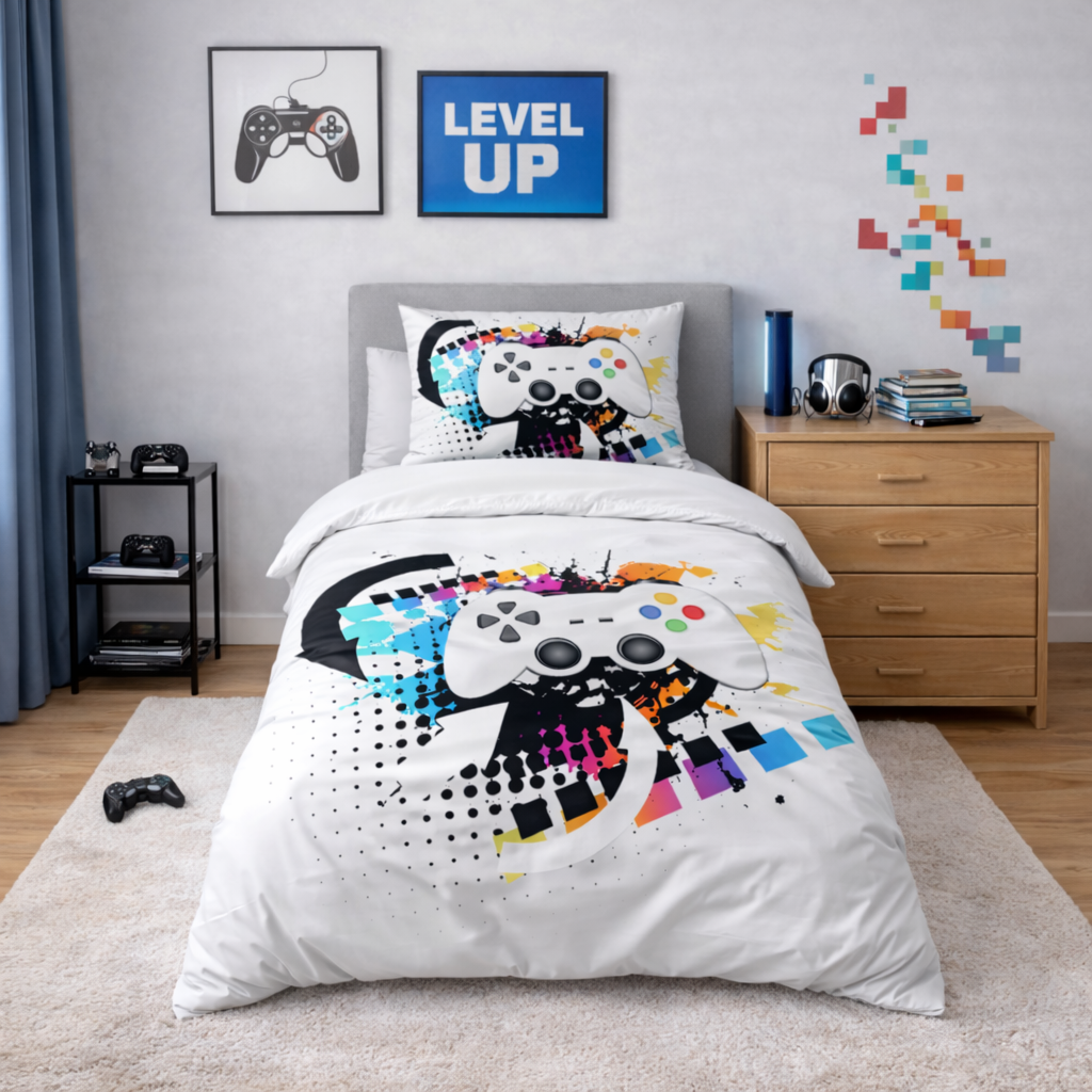 White gamer bedding set in a boys bedroom.